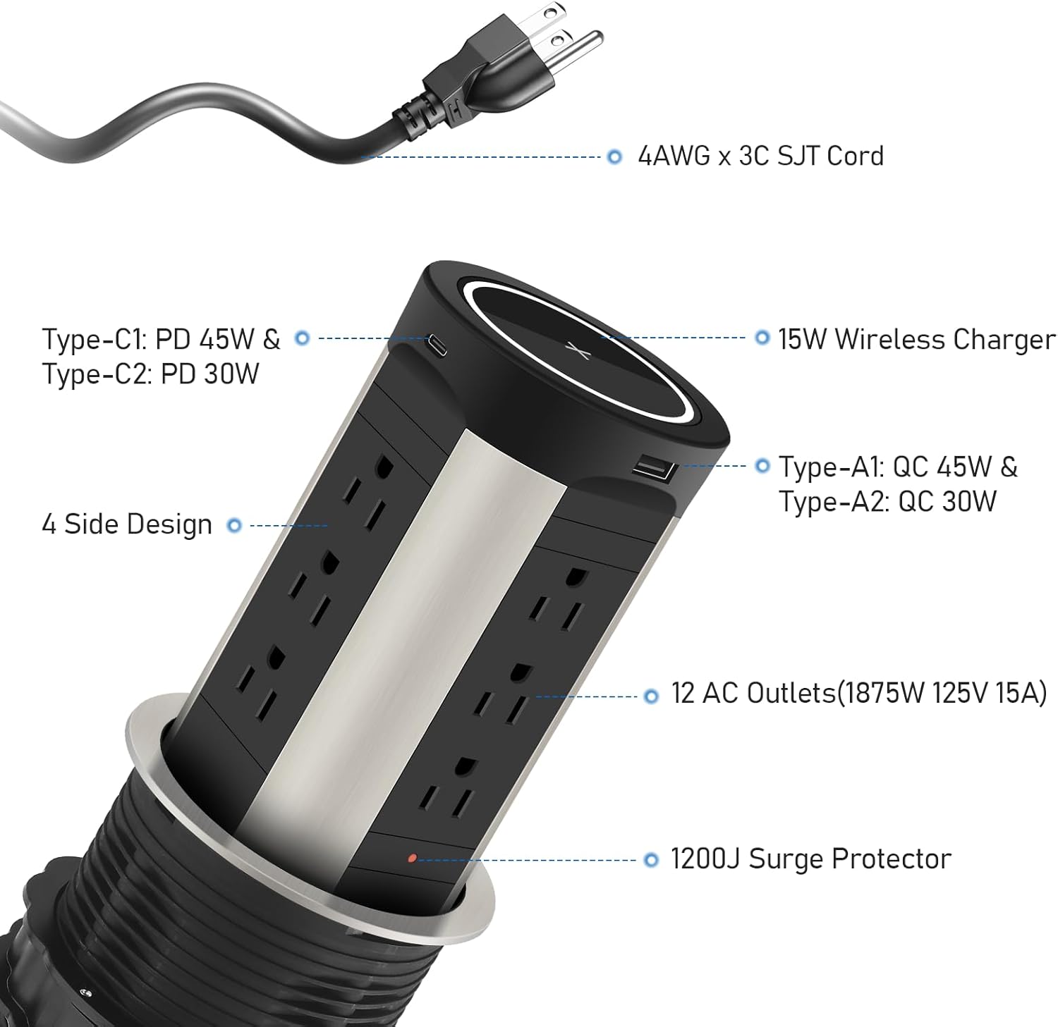 4" pop up receptacle countertop outlet 75w power delivery total 90w pop 4" pop up receptacle countertop outlet 75w power delivery total 90w pop